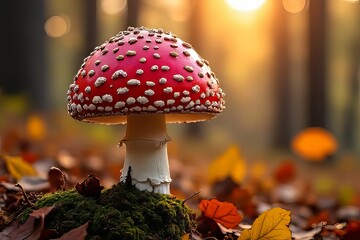 Stunning Red Mushroom with White Spots in Autumn Forest