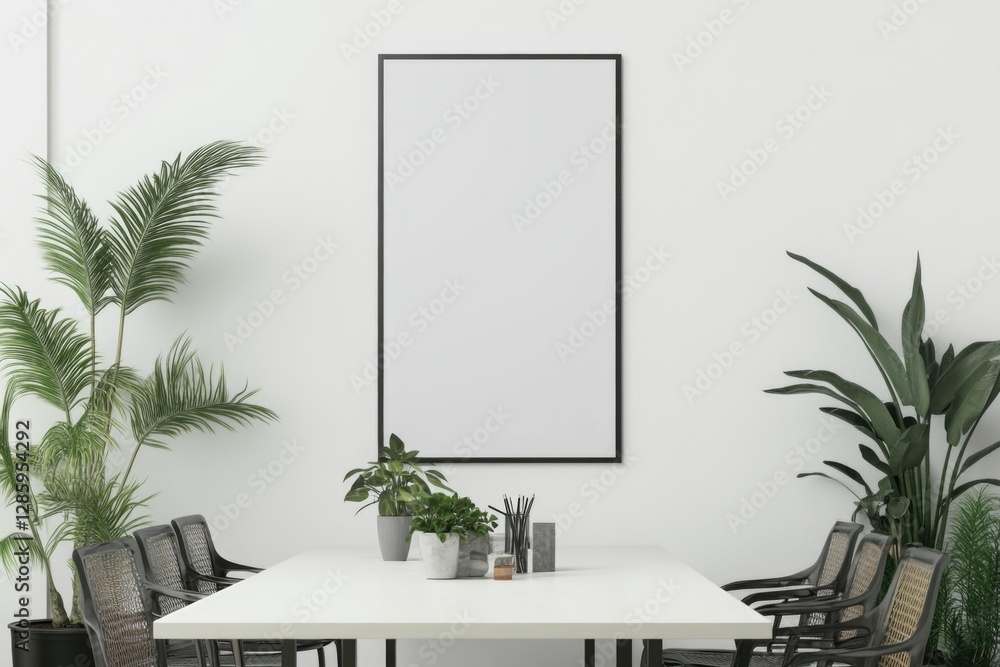 Poster a simple room with a white table and chairs