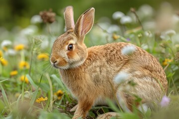 Fototapeta premium A young brown rabbit sits in a field of wildflowers, enjoying the springtime.