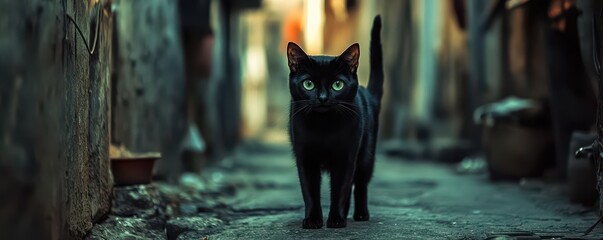 Mysterious black cat strolling through a narrow alleyway with a curious gaze.