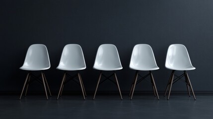 Single white chair in black chair lineup, grey industrial background, 3D render, business theme 