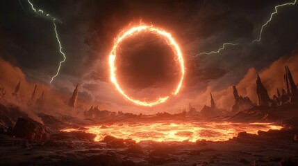 Fiery ring portal over desolate lava landscape