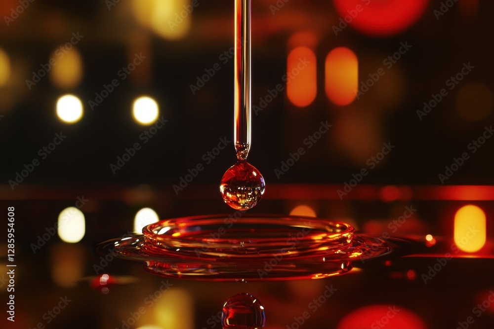 Poster elegant drop of liquid descends into shimmering pool surrounded by vibrant lights. generative ai