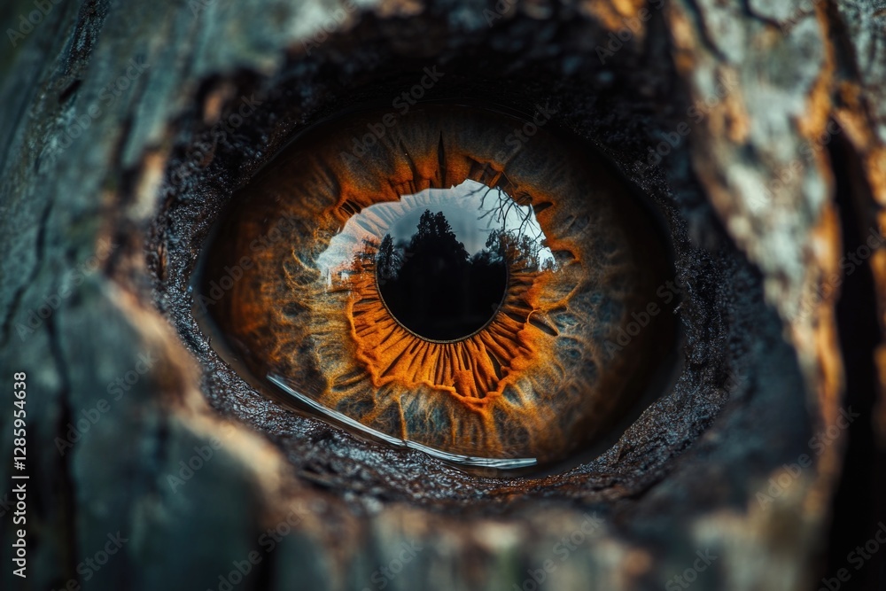 Poster close-up shot of an eye with a tree visible in the background, suitable for use in illustrations or 