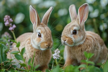 Obraz premium Two adorable brown bunnies nestled together in a lush green meadow, surrounded by wildflowers.