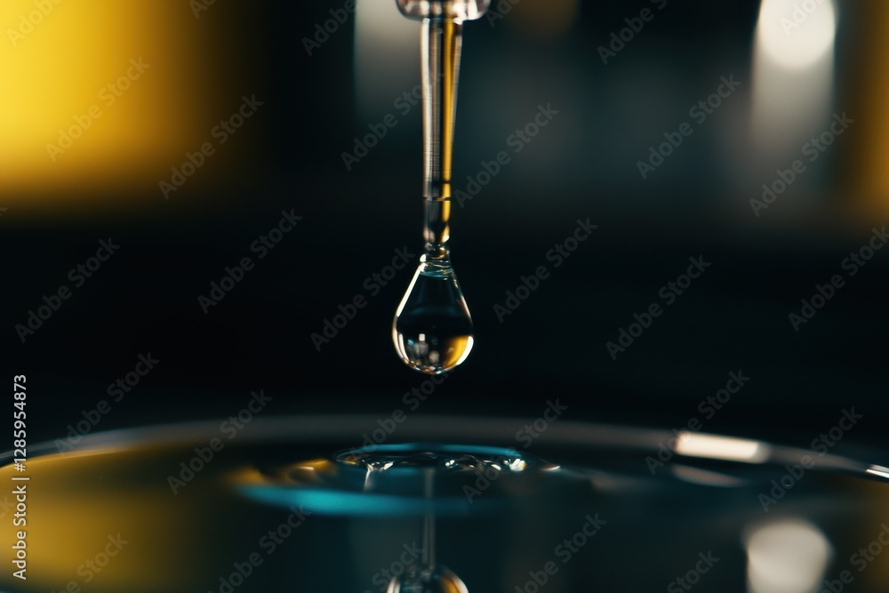 Poster captivating drop of liquid suspended before a serene surface in a mesmerizing moment of stillness. g