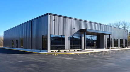 Obraz premium Modern steel exterior of a warehouse office, featuring sharp lines and a streamlined design.