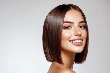 Fototapeta premium A portrait of a young woman with short brown hair, looking straight at the camera