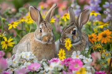 Two adorable bunnies nestled amongst a vibrant profusion of colorful spring flowers.