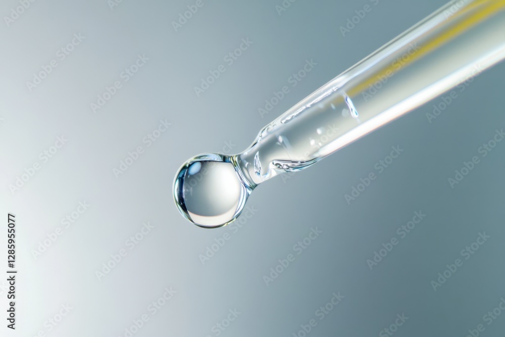 Poster capturing the delicate moment of a droplet poised on a dropper just before it falls to the surface b