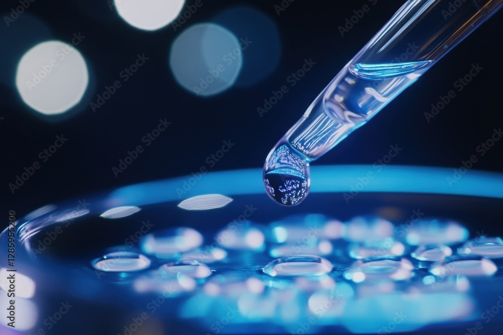 Poster captivating droplet of liquid suspended above a shimmering surface in a dynamic laboratory setting. 