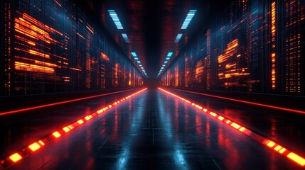 Futuristic server tunnel, neon lights, data stream background, corridor