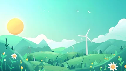Gordijnen Vibrant landscape featuring rolling hills, wind turbines, and a bright sun setting over mountains © rizkan