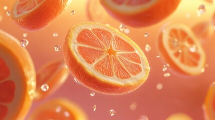 Juicy orange slices dancing in splash of refreshing sunlight, creating a vibrant and lively atmosphere. Generative AI