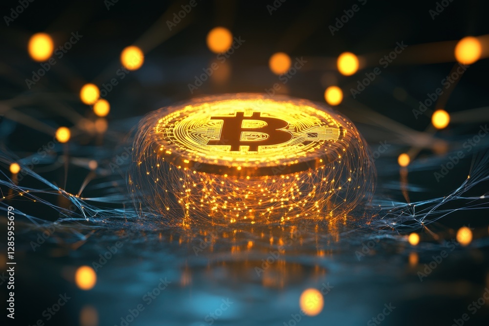 Poster golden bitcoin glows amidst a web of connections, representing the future of digital currency and in