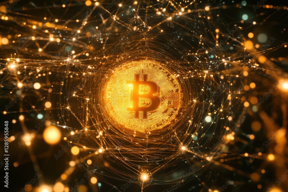 Poster exploration of the golden bitcoin symbol amidst a network of shimmering digital connections. generat