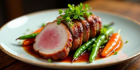 Delicious Roasted Pork Tenderloin Slices Served with Sauteed Green Beans and Roasted Carrots on a Light Blue Plate