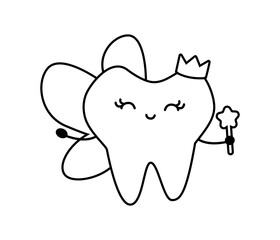 Cartoon line Tooth Fairy with Crown, Magic Wand and Wings. Coloring teeth