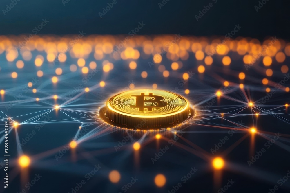 Poster golden bitcoin coin shining amidst a web of glowing digital connections in a futuristic setting. gen