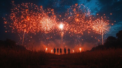 A group of silhouetted figures enjoy an impressive fireworks display, with vibrant bursts lighting the evening sky and reflecting a joyful celebration.