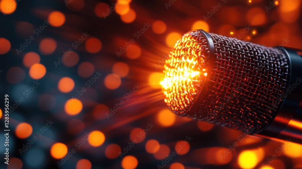 Poster A close-up shot of a microphone with colorful lights in the background, perfect for use in music-related concepts or to add some visual interest to your design