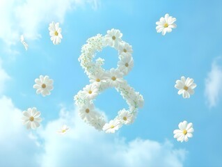 Obraz premium chamomile number eight blue sky background international women's day march 8 mother's day