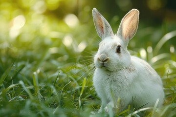 Adorable white rabbit sitting in lush green grass, bathed in soft sunlight.