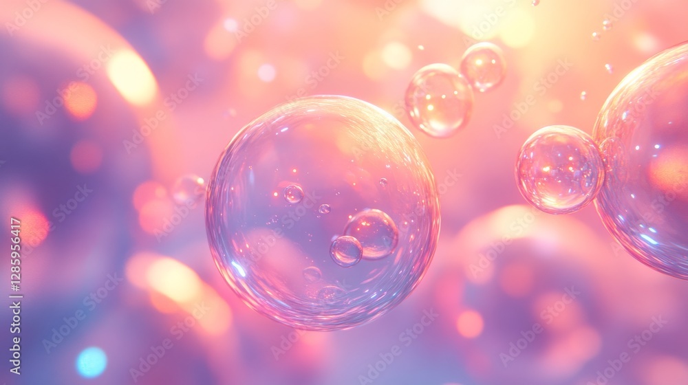 Poster beautiful transparent soap bubbles floating in a colorful background setting
