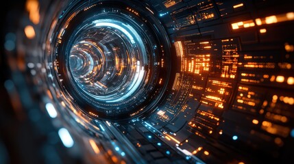 Futuristic tunnel, glowing tech,  data streams