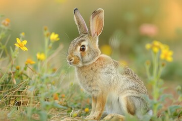 Fototapeta premium A young, adorable rabbit sits amidst a field of vibrant yellow wildflowers, enjoying the tranquil beauty of nature.