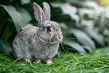 Fototapeta premium Adorable grey rabbit sits in lush green grass, enjoying the outdoors.