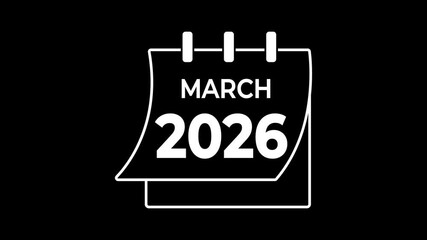2026, January to December month calendar symbol icon animation. Glowing neon calendar schedule symbol animated icon on black background. 