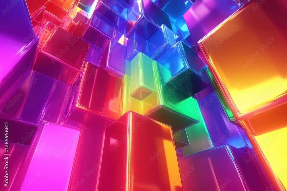 Poster colorful translucent blocks create a vibrant display of light and reflections in an abstract digital