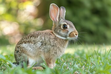 Fototapeta premium A young eastern cottontail rabbit sits in lush green grass, alert and curious.
