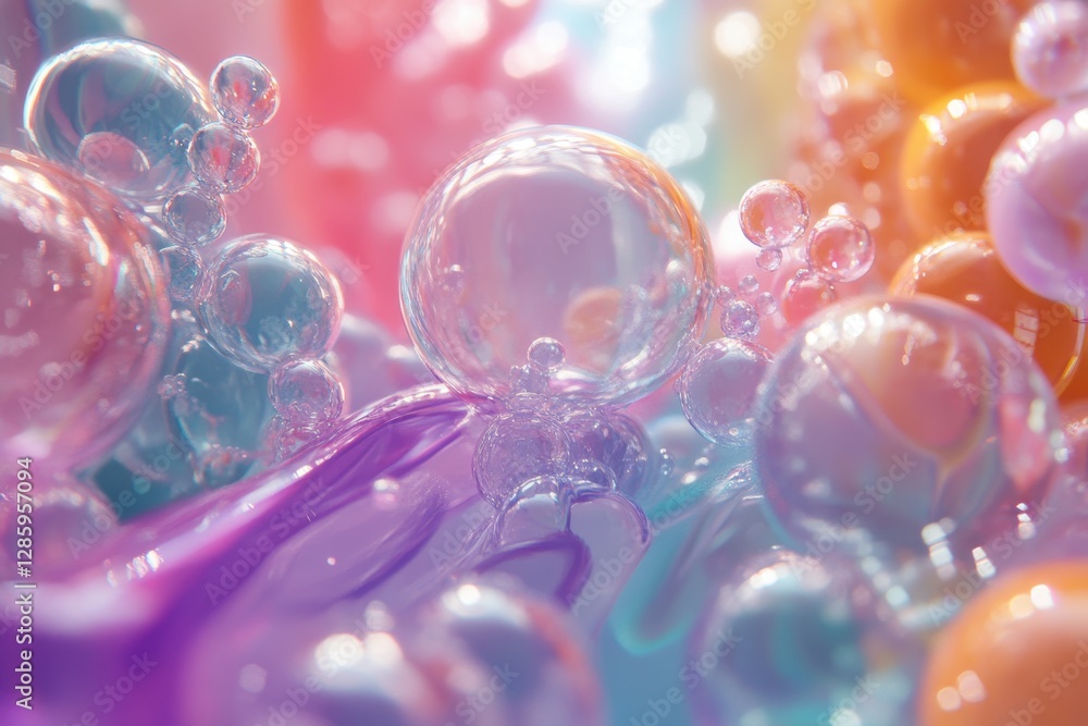 Poster bubbles floating amidst swirling colors create a mesmerizing underwater dreamscape of light and refl