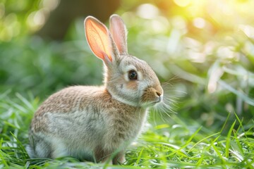 Obraz premium Adorable baby rabbit sitting in lush green grass, basking in sunlight.