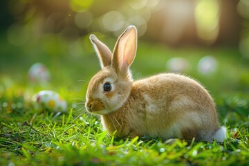Fototapeta premium Adorable brown bunny rabbit resting peacefully in lush green grass near colorful Easter eggs.
