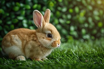 Fototapeta premium Adorable orange bunny rabbit sitting in lush green grass, enjoying nature's beauty.