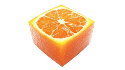 Cubic orange fruit with vibrant color and textured skin displayed in a minimalistic background
