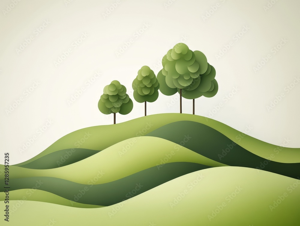 Poster rolling green hills with stylized trees in layered minimalist paper cut style creating a tranquil mo