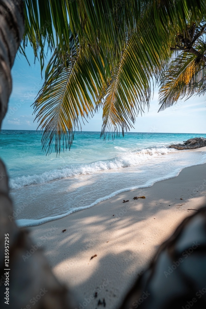 Poster a serene ocean scene with a palm tree in the foreground, perfect for relaxation and calmness