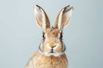 Fototapeta premium A close-up shot of a brown hare with long ears and prominent whiskers, staring directly at the camera against a light-blue background.