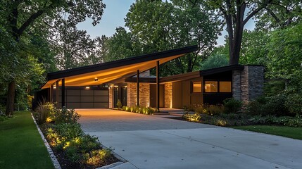 Obraz premium Modern suburban home with a futuristic carport and dynamic lighting along the driveway, creating a striking exterior.