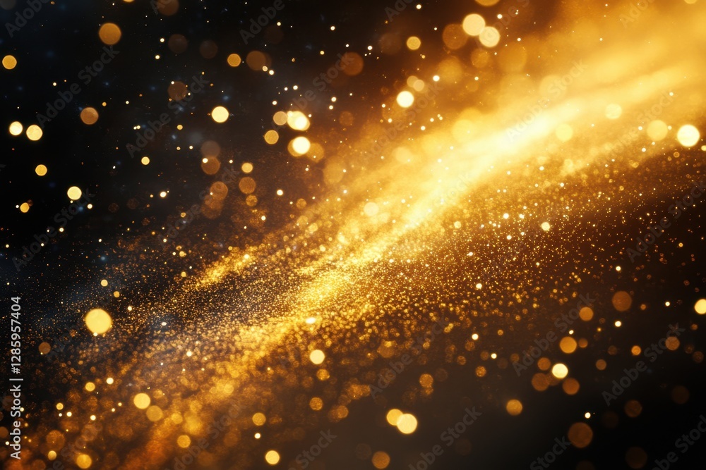 Poster golden sparkles dance through a dark canvas, creating a mesmerizing cosmic effect at twilight. gener