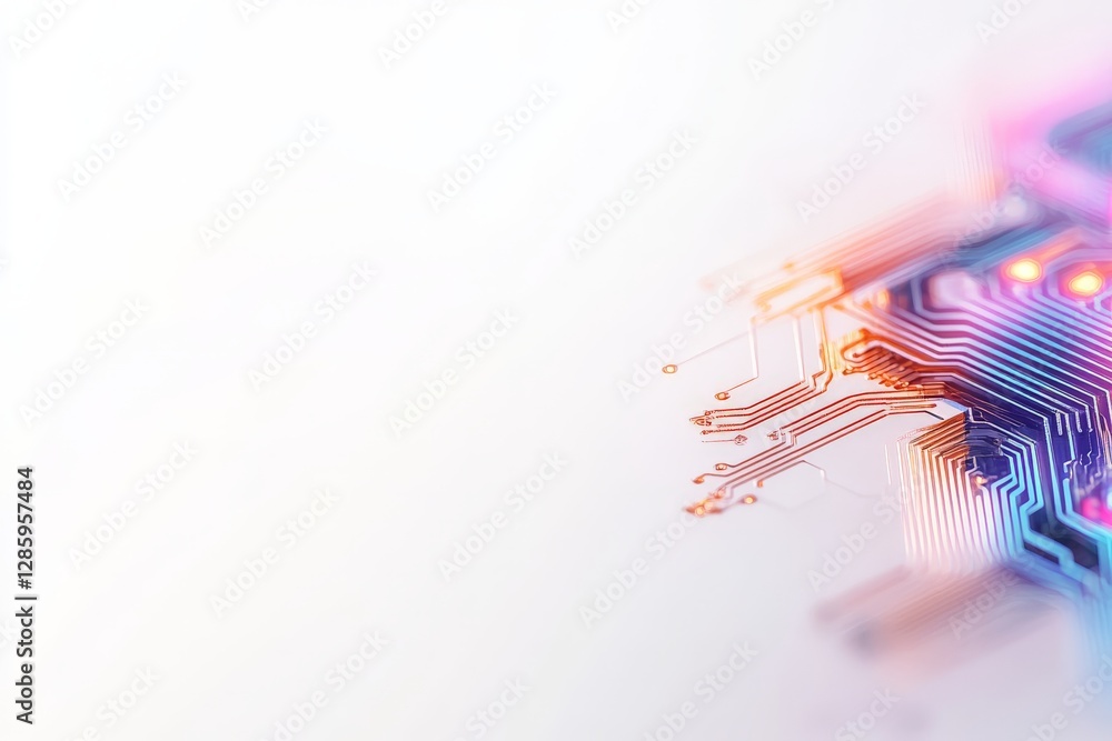 Poster futuristic circuit board close up with glowing microchip and intricate electronic components against