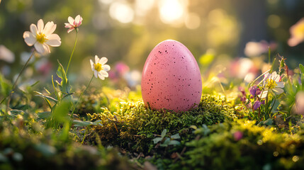 A vibrant pink egg nestled among lush green moss and delicate flowers, capturing the essence of springtime beauty.
