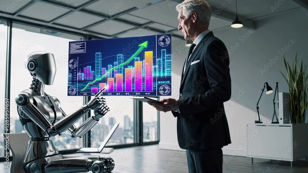 Poster humanoid robot presenting positive growth statistics on transparent futuristic screen while business
