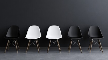 Unique white chair in a black chair lineup, grey textured background, 3D render, business concept