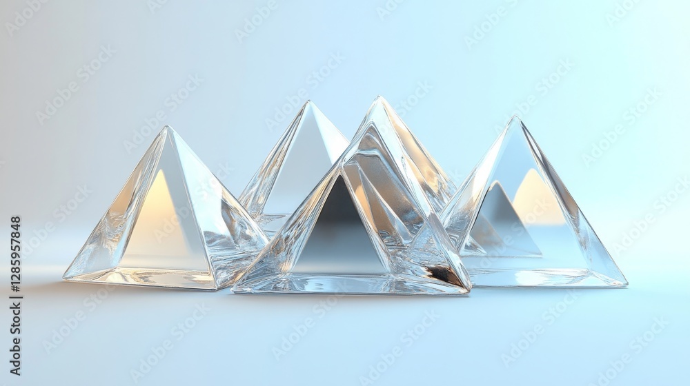 Poster several transparent pyramids are arranged on a smooth background surface
