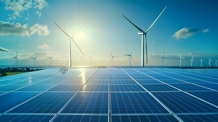 Renewable energy landscape featuring solar panels and wind turbines under a bright sky (7)